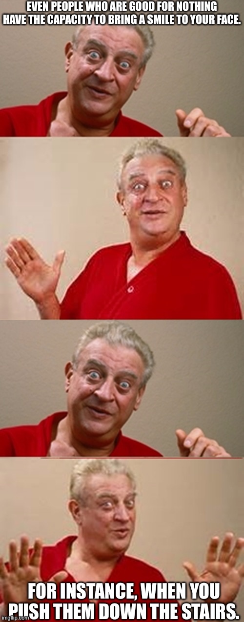 Well, there’s this | EVEN PEOPLE WHO ARE GOOD FOR NOTHING HAVE THE CAPACITY TO BRING A SMILE TO YOUR FACE. FOR INSTANCE, WHEN YOU PUSH THEM DOWN THE STAIRS. | image tagged in bad pun rodney dangerfield,useless people,stairs | made w/ Imgflip meme maker