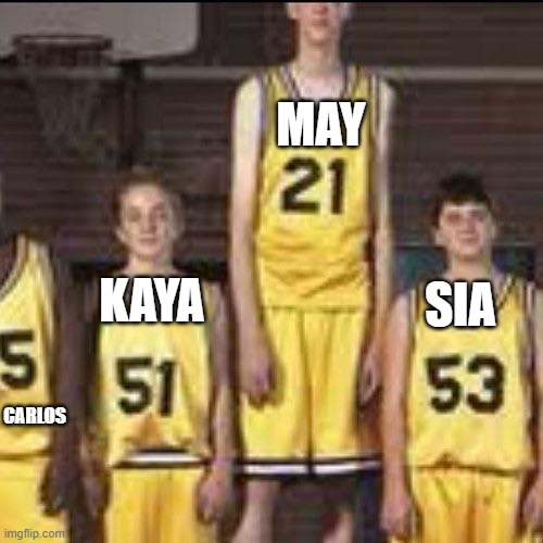 Woah... May's Tall | MAY; KAYA; SIA; CARLOS | image tagged in abnormally tall basketball player | made w/ Imgflip meme maker