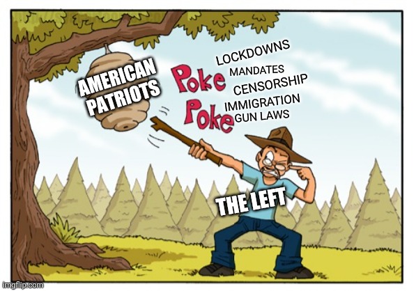 Keep poking the hornets nest... | LOCKDOWNS; MANDATES; AMERICAN PATRIOTS; CENSORSHIP; IMMIGRATION; GUN LAWS; THE LEFT | image tagged in left wing,liberal agenda,democrats,pissed off,american,patriots | made w/ Imgflip meme maker