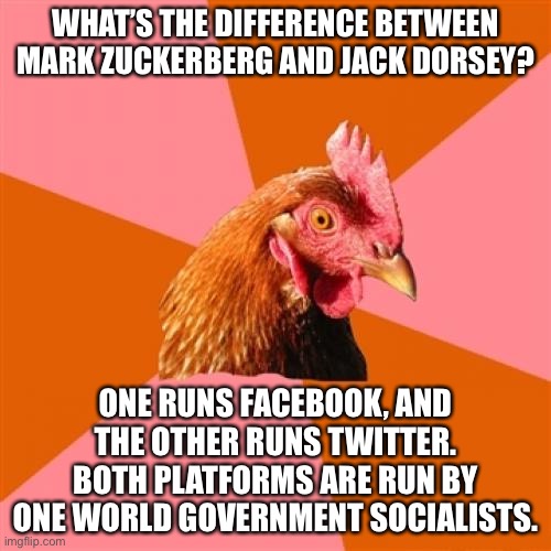 Zuckerberg and Dorsey | WHAT’S THE DIFFERENCE BETWEEN MARK ZUCKERBERG AND JACK DORSEY? ONE RUNS FACEBOOK, AND THE OTHER RUNS TWITTER. BOTH PLATFORMS ARE RUN BY ONE WORLD GOVERNMENT SOCIALISTS. | image tagged in memes,anti joke chicken,facebook,twitter,socialist,social media | made w/ Imgflip meme maker