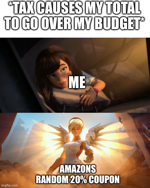 This happened to me 5 minutes ago | *TAX CAUSES MY TOTAL TO GO OVER MY BUDGET*; ME; AMAZONS RANDOM 20% COUPON | image tagged in savior mercy | made w/ Imgflip meme maker