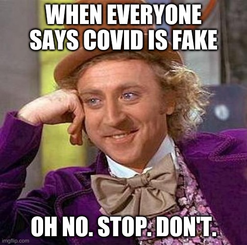 Creepy Condescending Wonka | WHEN EVERYONE SAYS COVID IS FAKE; OH NO. STOP. DON'T. | image tagged in memes,willy wonka | made w/ Imgflip meme maker