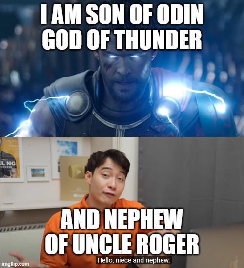 Uncle roger's nephew | I AM SON OF ODIN
GOD OF THUNDER; AND NEPHEW OF UNCLE ROGER | image tagged in funny memes | made w/ Imgflip meme maker