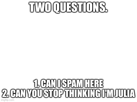 Blank White Template | TWO QUESTIONS. 1. CAN I SPAM HERE
2. CAN YOU STOP THINKING I'M JULIA | image tagged in blank white template | made w/ Imgflip meme maker