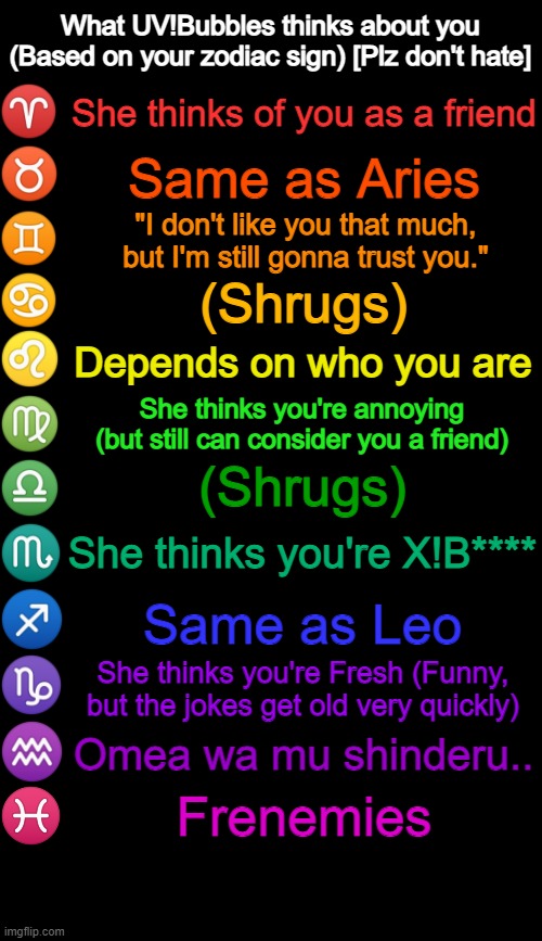 What UV!Bubbles thinks about you (Based on your zodiac sign) [Plz don't hate] | What UV!Bubbles thinks about you (Based on your zodiac sign) [Plz don't hate]; She thinks of you as a friend; Same as Aries; "I don't like you that much, but I'm still gonna trust you."; (Shrugs); Depends on who you are; She thinks you're annoying (but still can consider you a friend); (Shrugs); She thinks you're X!B****; Same as Leo; She thinks you're Fresh (Funny, but the jokes get old very quickly); Omea wa mu shinderu.. Frenemies | image tagged in zodiac signs | made w/ Imgflip meme maker