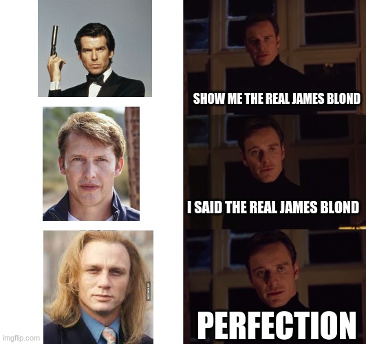 perfection | SHOW ME THE REAL JAMES BLOND; I SAID THE REAL JAMES BLOND; PERFECTION | image tagged in perfection | made w/ Imgflip meme maker