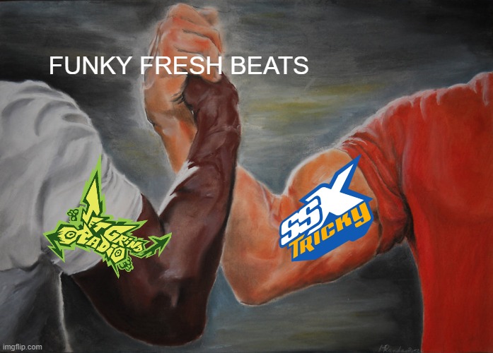 BTW, both games share the same sample in one of their songs, "The king of the beats gonna rock the place" | FUNKY FRESH BEATS | image tagged in epic handshake,ssx,jet set radio,sega,2000's,jsr | made w/ Imgflip meme maker