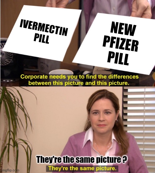 Big Pharma Gonna Save Us | IVERMECTIN
PILL; NEW 
PFIZER
PILL; They're the same picture ? | image tagged in they're the same picture,covid19,vaccine,fauci,biden,liberals | made w/ Imgflip meme maker