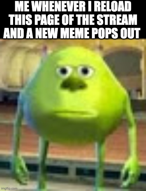 Sully Wazowski | ME WHENEVER I RELOAD THIS PAGE OF THE STREAM AND A NEW MEME POPS OUT | image tagged in sully wazowski | made w/ Imgflip meme maker