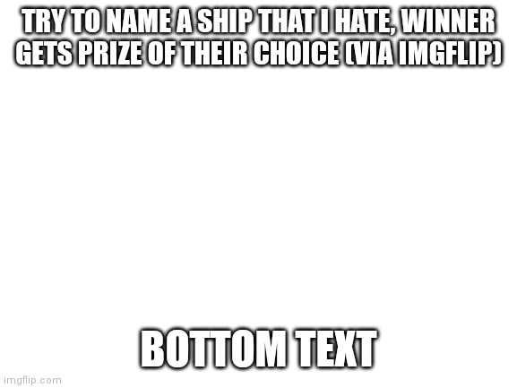 Blank White Template | TRY TO NAME A SHIP THAT I HATE, WINNER GETS PRIZE OF THEIR CHOICE (VIA IMGFLIP); BOTTOM TEXT | image tagged in blank white template | made w/ Imgflip meme maker