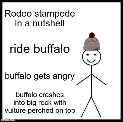 rodeo stampede | Rodeo stampede in a nutshell; ride buffalo; buffalo gets angry; buffalo crashes into big rock with vulture perched on top | image tagged in memes,be like bill,in a nutshell | made w/ Imgflip meme maker