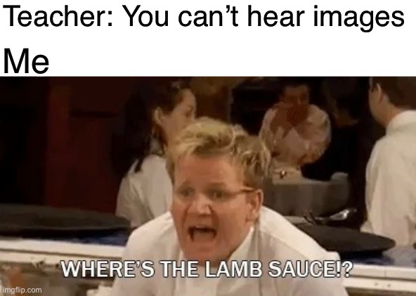 WHERES THE LAMB SAUCE | Teacher: You can’t hear images; Me | image tagged in gordon ramsay where's the lamb sauce | made w/ Imgflip meme maker