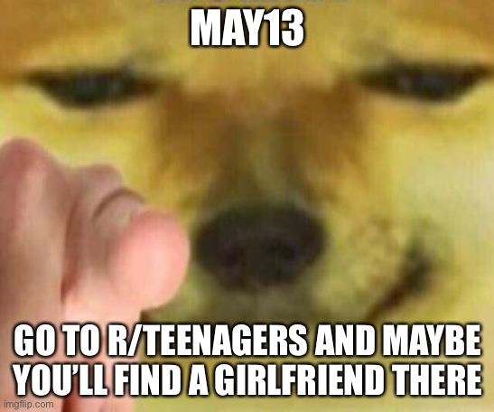 Cheems Pointing At You | MAY13; GO TO R/TEENAGERS AND MAYBE YOU’LL FIND A GIRLFRIEND THERE | image tagged in cheems pointing at you | made w/ Imgflip meme maker