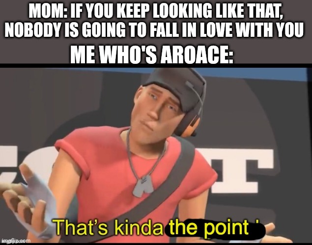 that's the point | MOM: IF YOU KEEP LOOKING LIKE THAT, NOBODY IS GOING TO FALL IN LOVE WITH YOU; ME WHO'S AROACE: | image tagged in that's the point | made w/ Imgflip meme maker