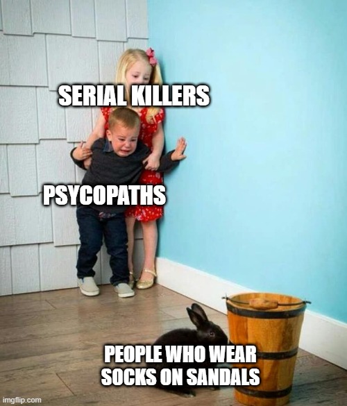 That thing, It scares me - Psycopaths, Serial killers | SERIAL KILLERS; PSYCOPATHS; PEOPLE WHO WEAR SOCKS ON SANDALS | image tagged in children scared of rabbit | made w/ Imgflip meme maker