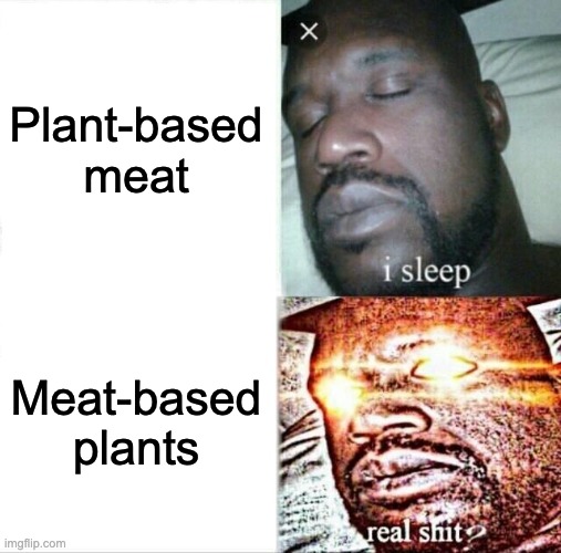 Future food is amazing! | Plant-based meat; Meat-based plants | image tagged in memes,sleeping shaq | made w/ Imgflip meme maker
