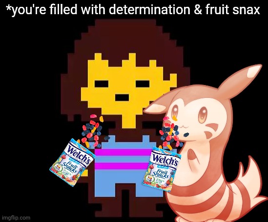 Frisk visits the stream | *you're filled with determination & fruit snax | image tagged in frisk,undertale,shiny,furret,fruit snacks,pokemon | made w/ Imgflip meme maker