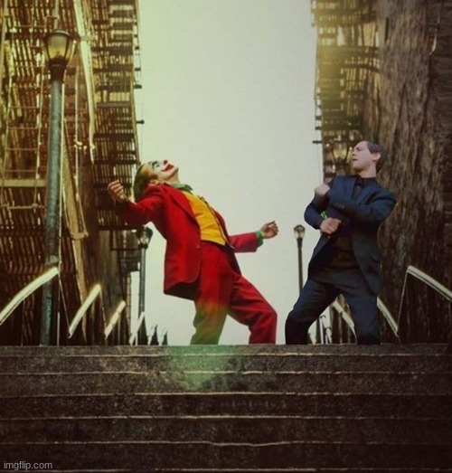 Joker and Spider Man Dancing | image tagged in joker and spider man dancing | made w/ Imgflip meme maker