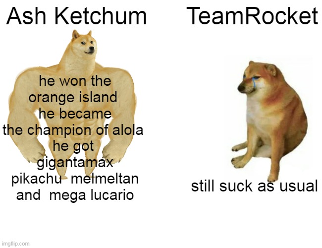 also meowth still not evolved | Ash Ketchum; TeamRocket; he won the orange island 
he became the champion of alola 
he got  gigantamax pikachu  melmeltan and  mega lucario; still suck as usual | image tagged in buff doge vs cheems,ash ketchum,team rocket,pokemon,nintendo,pokemon memes | made w/ Imgflip meme maker