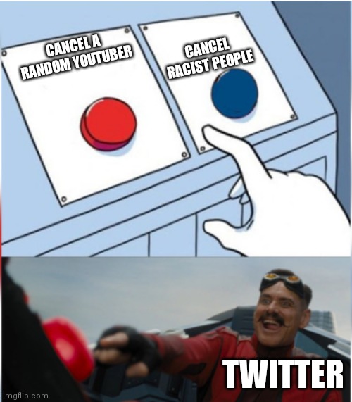 Twitter | CANCEL RACIST PEOPLE; CANCEL A RANDOM YOUTUBER; TWITTER | image tagged in robotnik pressing red button | made w/ Imgflip meme maker