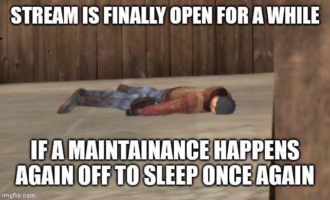 dead | STREAM IS FINALLY OPEN FOR A WHILE; IF A MAINTAINANCE HAPPENS AGAIN OFF TO SLEEP ONCE AGAIN | image tagged in dead | made w/ Imgflip meme maker