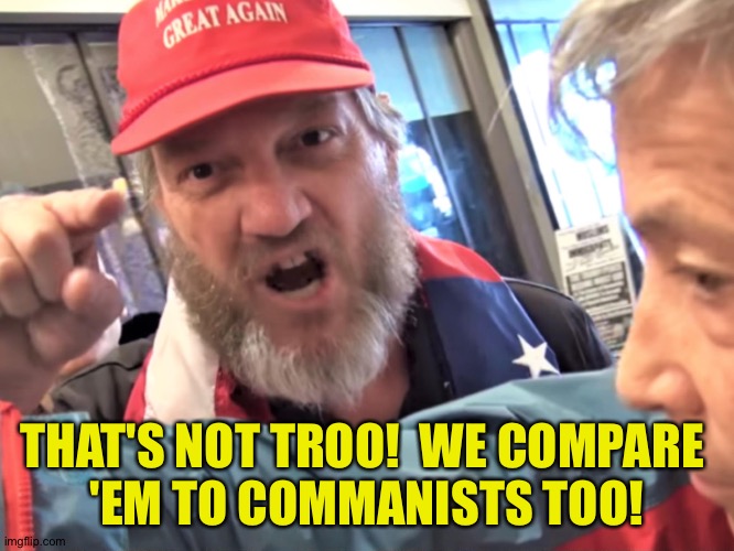 Angry Trump Supporter | THAT'S NOT TROO!  WE COMPARE 
'EM TO COMMANISTS TOO! | image tagged in angry trump supporter | made w/ Imgflip meme maker