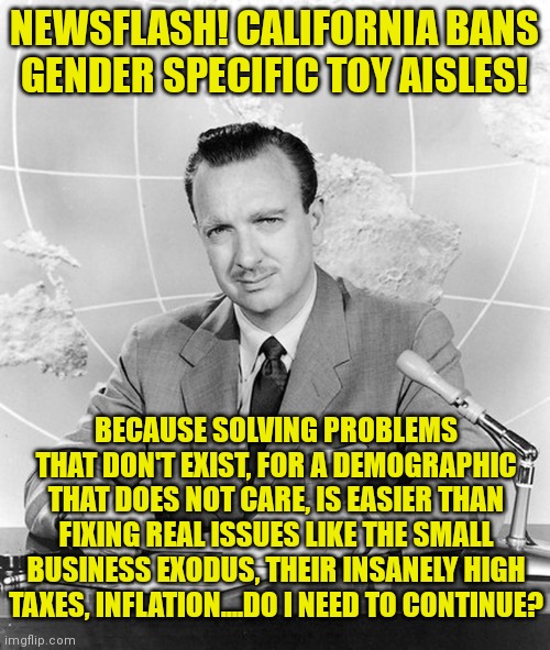 "Solutions looking for Problems" should be the California state motto... | NEWSFLASH! CALIFORNIA BANS GENDER SPECIFIC TOY AISLES! BECAUSE SOLVING PROBLEMS THAT DON'T EXIST, FOR A DEMOGRAPHIC THAT DOES NOT CARE, IS EASIER THAN FIXING REAL ISSUES LIKE THE SMALL BUSINESS EXODUS, THEIR INSANELY HIGH TAXES, INFLATION....DO I NEED TO CONTINUE? | image tagged in newsflash,california,modern problems,solutions,liberal logic | made w/ Imgflip meme maker
