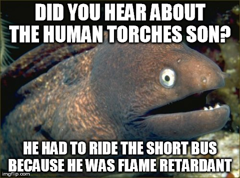 Bad Joke Eel | DID YOU HEAR ABOUT THE HUMAN TORCHES SON?  HE HAD TO RIDE THE SHORT BUS BECAUSE HE WAS FLAME RETARDANT | image tagged in memes,bad joke eel,AdviceAnimals | made w/ Imgflip meme maker