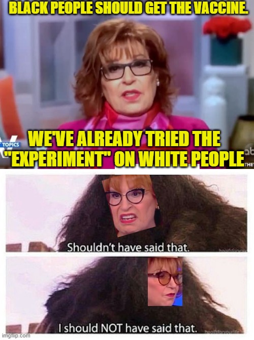Yer an experiment Harry! | BLACK PEOPLE SHOULD GET THE VACCINE. WE'VE ALREADY TRIED THE "EXPERIMENT" ON WHITE PEOPLE | image tagged in hagrid shouldn't have said that,political meme,joy behar,covid vaccine,media lies | made w/ Imgflip meme maker