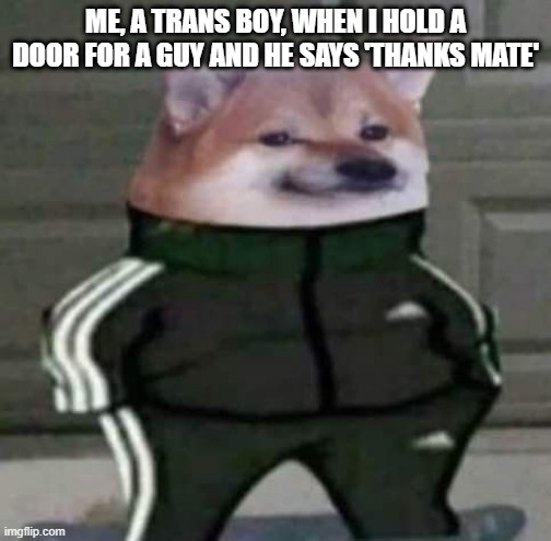 socially transitioning is a wild ride lol | ME, A TRANS BOY, WHEN I HOLD A DOOR FOR A GUY AND HE SAYS 'THANKS MATE' | image tagged in lgbtq | made w/ Imgflip meme maker