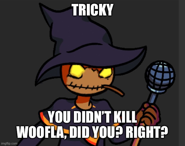 - | TRICKY; YOU DIDN’T KILL WOOFLA, DID YOU? RIGHT? | image tagged in ptsd zardy | made w/ Imgflip meme maker