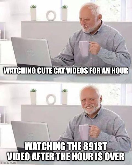 Hide the Pain Harold Meme | WATCHING CUTE CAT VIDEOS FOR AN HOUR; WATCHING THE 891ST VIDEO AFTER THE HOUR IS OVER | image tagged in memes,hide the pain harold,cats,videos | made w/ Imgflip meme maker