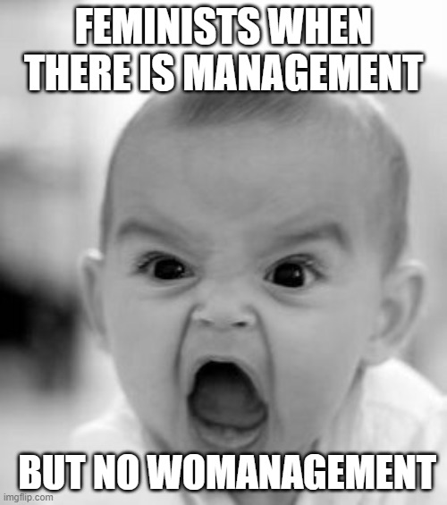 WoW amazing title | FEMINISTS WHEN THERE IS MANAGEMENT; BUT NO WOMANAGEMENT | image tagged in memes,angry baby | made w/ Imgflip meme maker