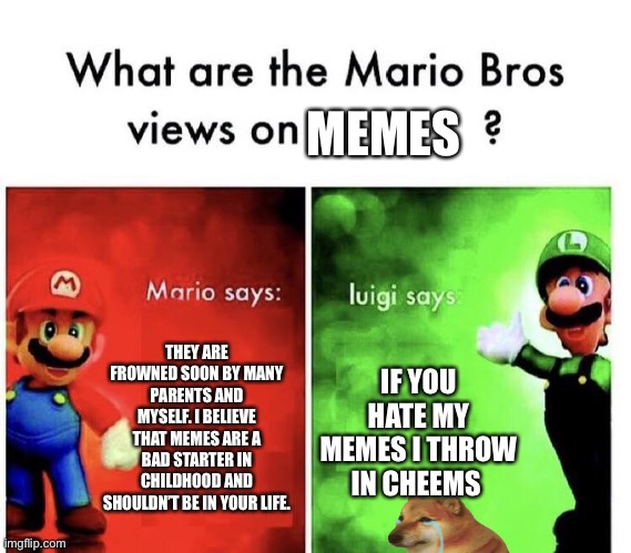 Mario Bros Views | MEMES; THEY ARE FROWNED SOON BY MANY PARENTS AND MYSELF. I BELIEVE THAT MEMES ARE A BAD STARTER IN CHILDHOOD AND SHOULDN’T BE IN YOUR LIFE. IF YOU HATE MY MEMES I THROW IN CHEEMS | image tagged in mario bros views | made w/ Imgflip meme maker