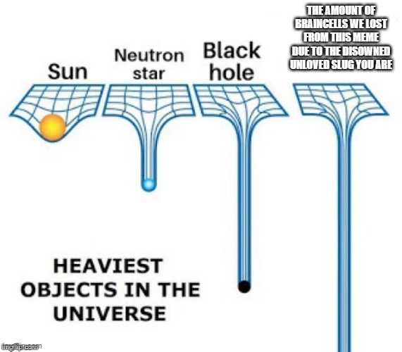 heaviest objects in the universe | THE AMOUNT OF BRAINCELLS WE LOST FROM THIS MEME DUE TO THE DISOWNED UNLOVED SLUG YOU ARE | image tagged in heaviest objects in the universe | made w/ Imgflip meme maker