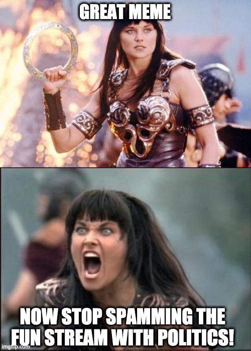 GREAT MEME NOW STOP SPAMMING THE FUN STREAM WITH POLITICS! | image tagged in zena,angry xena | made w/ Imgflip meme maker