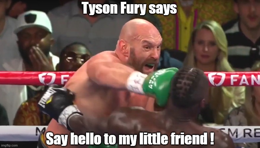 Tyson Fury vs. Deontay Wilder 3. | Tyson Fury says; Say hello to my little friend ! | image tagged in funny | made w/ Imgflip meme maker