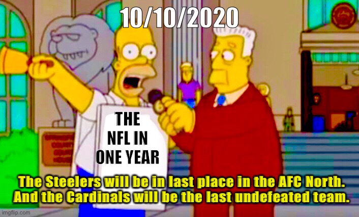 Would you have believed it? | 10/10/2020; THE NFL IN ONE YEAR; The Steelers will be in last place in the AFC North.

And the Cardinals will be the last undefeated team. | image tagged in nfl,homer simpson,prediction,football,memes | made w/ Imgflip meme maker