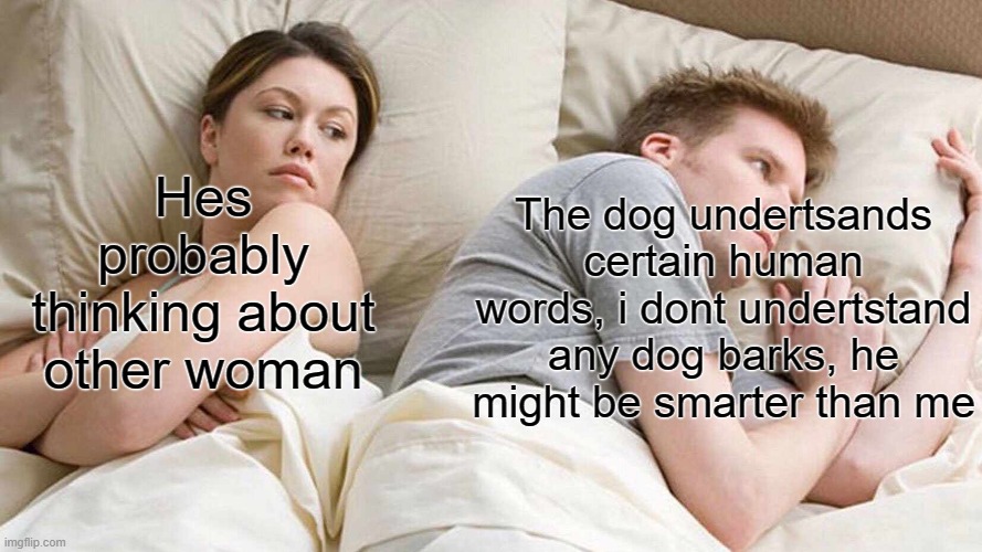 He might be smarter than me | The dog undertsands certain human words, i dont undertstand any dog barks, he might be smarter than me; Hes probably thinking about other woman | image tagged in memes | made w/ Imgflip meme maker