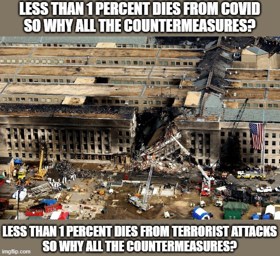 If less than 1 percent dies from it, why all the countermeasures? | LESS THAN 1 PERCENT DIES FROM COVID
SO WHY ALL THE COUNTERMEASURES? LESS THAN 1 PERCENT DIES FROM TERRORIST ATTACKS
SO WHY ALL THE COUNTERMEASURES? | image tagged in covid19,covidiots,illogical | made w/ Imgflip meme maker