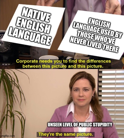 Fake news in bad English = no liability | NATIVE ENGLISH LANGUAGE; ENGLISH LANGUAGE USED BY THOSE WHO'VE NEVER LIVED THERE; UNSEEN LEVEL OF PUBLIC STUPIDITY | image tagged in they are the same picture,language,russia,painful,stupidity,government corruption | made w/ Imgflip meme maker