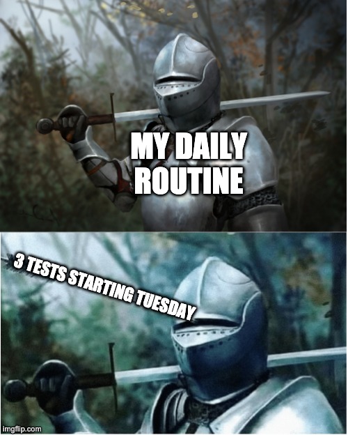 :( | MY DAILY ROUTINE; 3 TESTS STARTING TUESDAY | image tagged in knight with arrow in helmet,memes,tests,fun | made w/ Imgflip meme maker