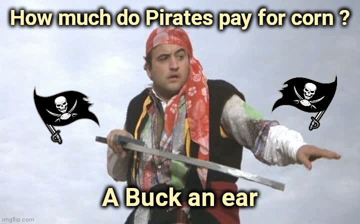 I'm here all week | How much do Pirates pay for corn ? A Buck an ear | image tagged in pirate belushi,no need to thank me,corny joke,corn,popcorn,close enough | made w/ Imgflip meme maker