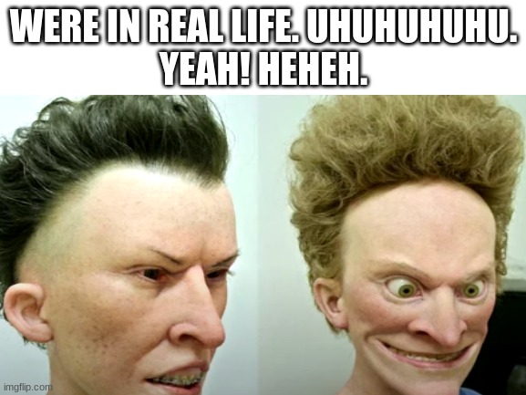 uhuhuhuh. cool | WERE IN REAL LIFE. UHUHUHUHU.
YEAH! HEHEH. | image tagged in beavis and butthead,memes,funny | made w/ Imgflip meme maker