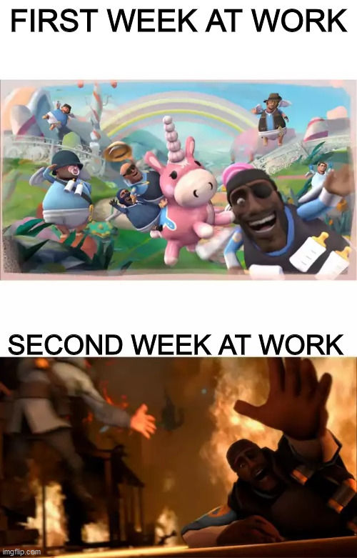 damn they really be working doe | FIRST WEEK AT WORK; SECOND WEEK AT WORK | image tagged in pyrovision | made w/ Imgflip meme maker