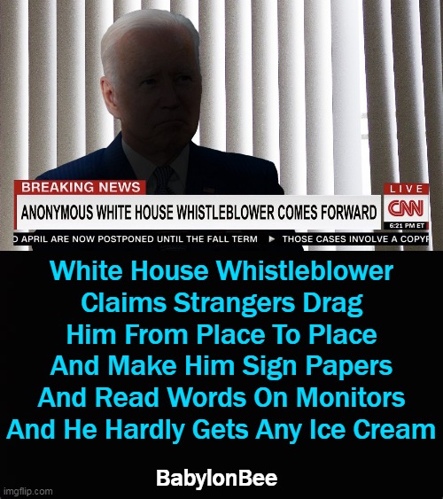 More Like TRUTH Than SATIRE . . . . | White House Whistleblower Claims Strangers Drag Him From Place To Place And Make Him Sign Papers And Read Words On Monitors And He Hardly Gets Any Ice Cream; BabylonBee | image tagged in politics,joe biden,puppet,on a string,dementia,the truth hurts | made w/ Imgflip meme maker