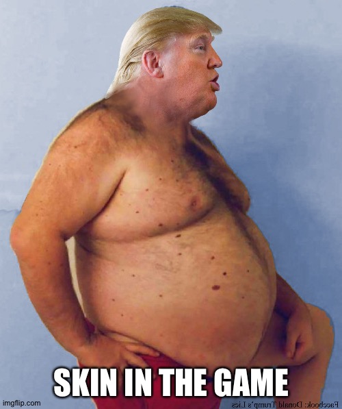 Trump fat naked | SKIN IN THE GAME | image tagged in trump fat naked | made w/ Imgflip meme maker