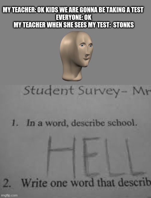 *submits to my school* | MY TEACHER: OK KIDS WE ARE GONNA BE TAKING A TEST 

EVERYONE: OK


MY TEACHER WHEN SHE SEES MY TEST:  STONKS | image tagged in stonks,haha,lol,fun,funny | made w/ Imgflip meme maker