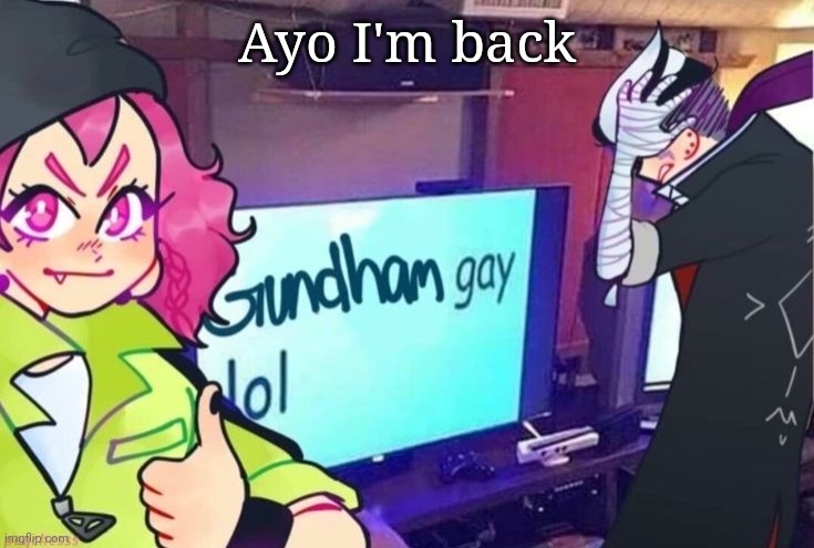 Gundham gay lol | Ayo I'm back | image tagged in gundham gay lol | made w/ Imgflip meme maker