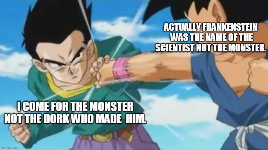 I know, I just don't care. | ACTUALLY FRANKENSTEIN  WAS THE NAME OF THE SCIENTIST NOT THE MONSTER. I COME FOR THE MONSTER NOT THE DORK WHO MADE  HIM. | image tagged in block punch dragon ball,frankenstein,anime,horror movie,frankenstein's monster | made w/ Imgflip meme maker